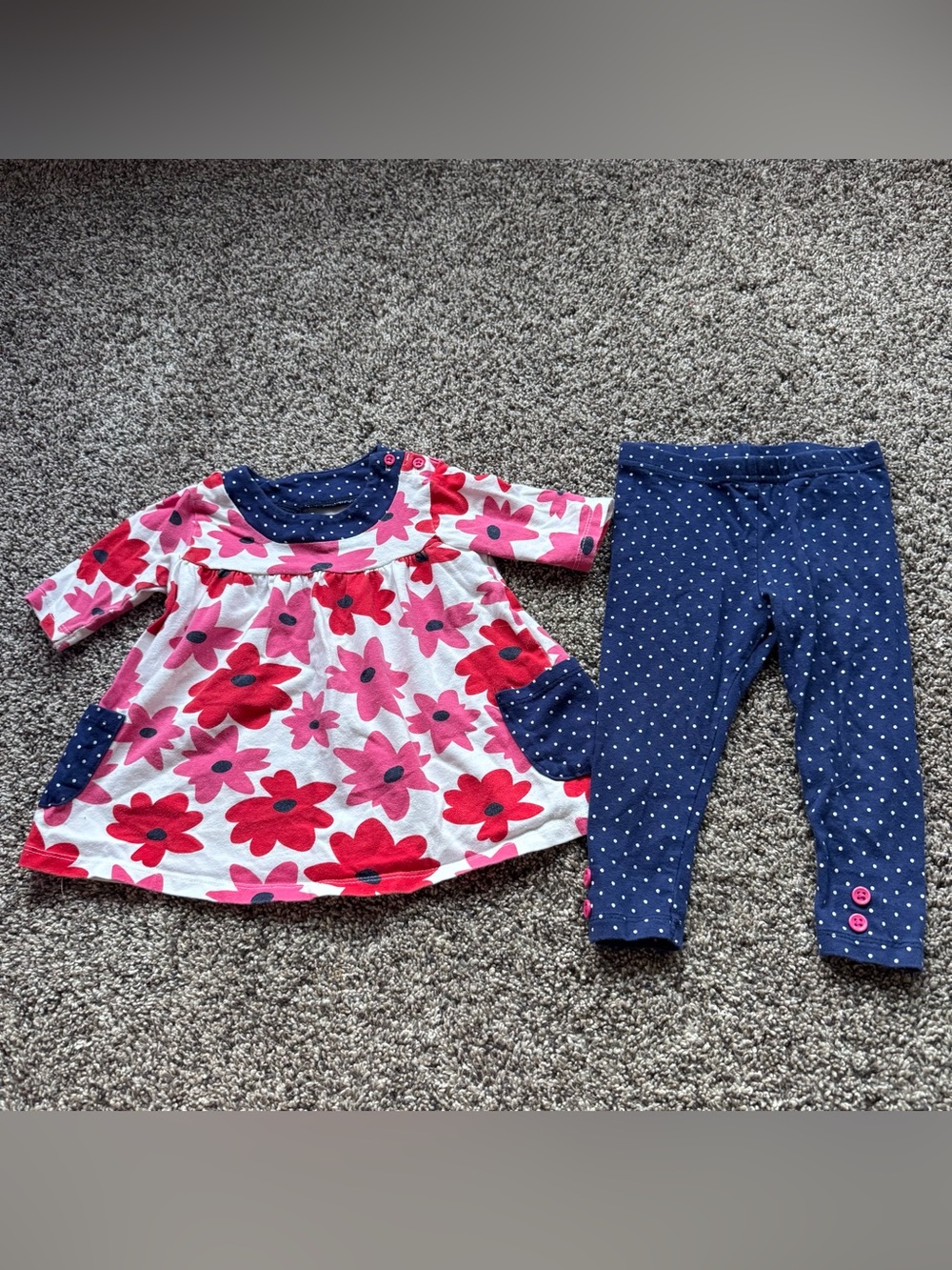 Baby Starters Pink Red Floral Top with Navy Polka Dot Leggings
